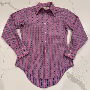 Vintage 70s Marlboro Western Long Tail Button Down Shirt Mens S 14-14.5 Cowboy